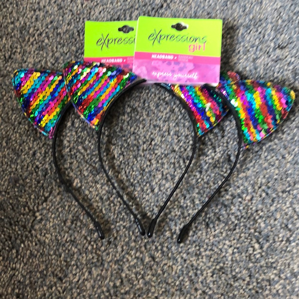 Cat Ear Black Headband W/ Rainbow Sequin